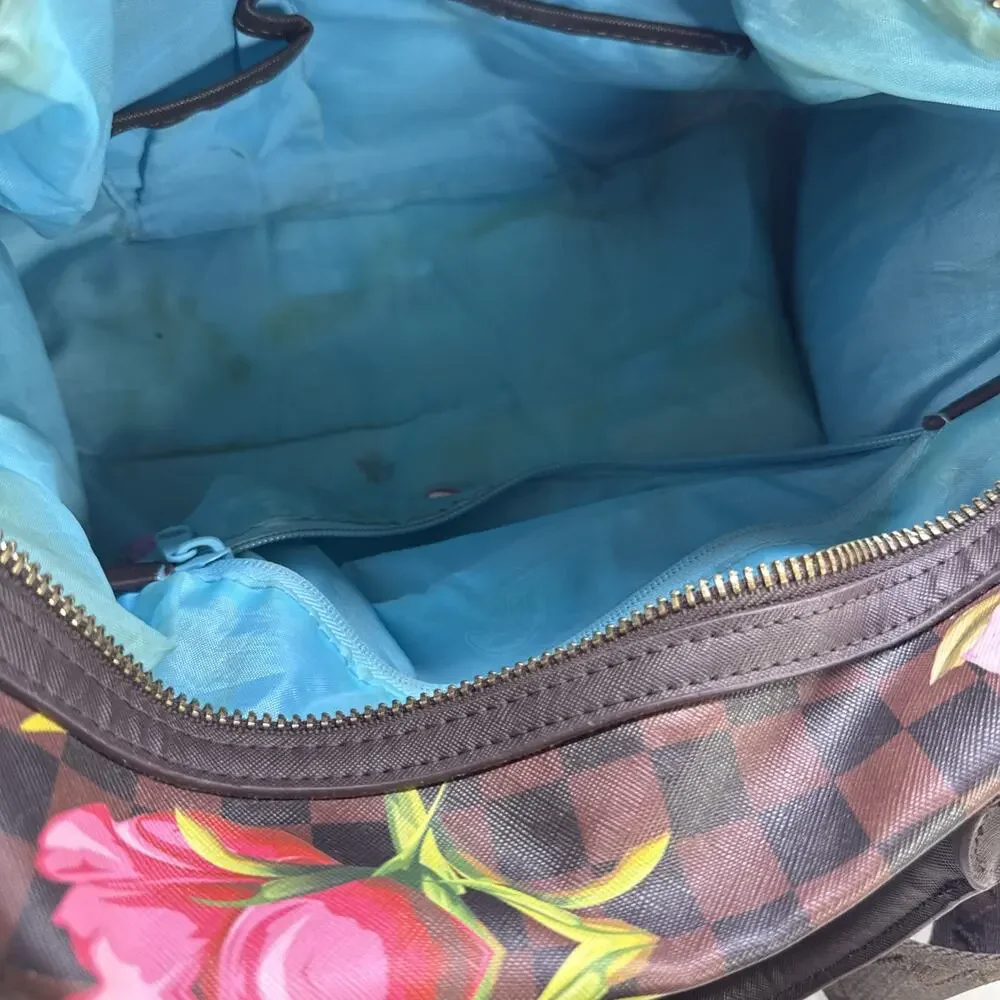 Sprayground Floral Checkered Satchel Gold Hardware Adjustable Strap Blue Lining